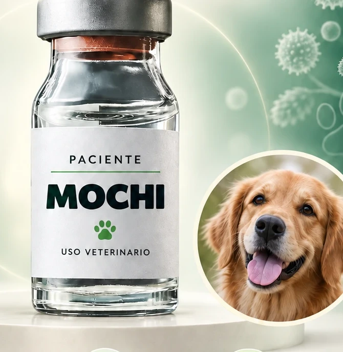 Vial de inmunoterapia rotulado con el nombre del paciente, junto a la foto del perro